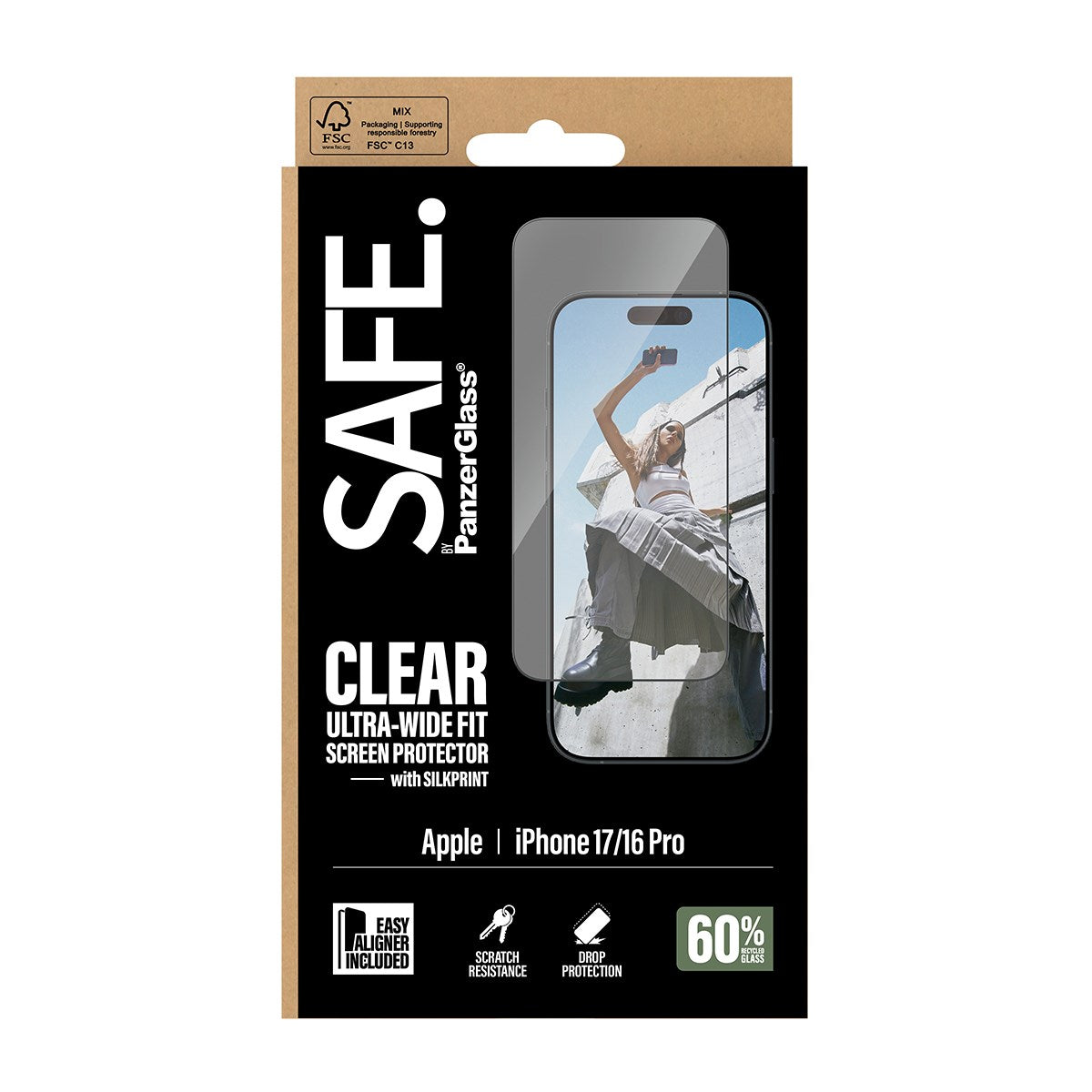 SAFE. by PanzerGlass® Screen Protector w. Black Frame iPhone 17 | 16 Pro | Ultra-Wide Fit w. EasyAligner